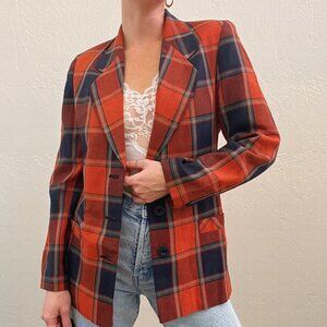 Vintage 1970's Orange Blue Plaid Boyfriend Blazer Jacket